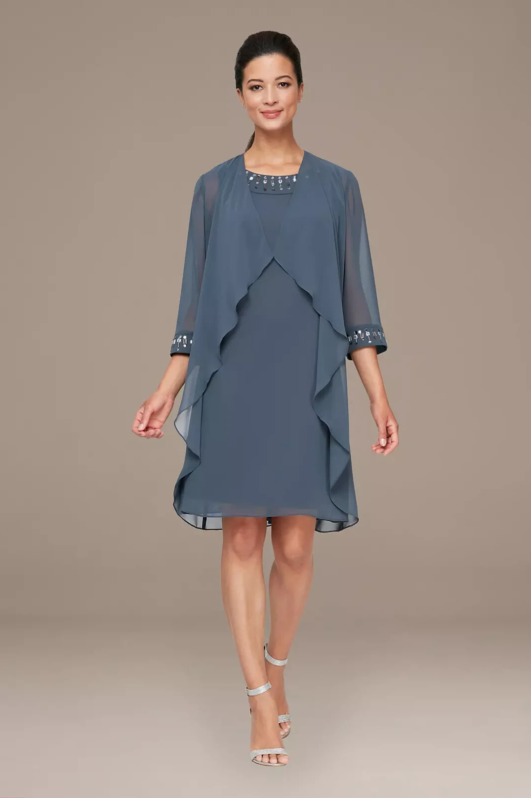SLNY Sheath Dress & Sheer Jacket Set Women's 16 Steel Embellished Zip Closure - Picture 1 of 20
