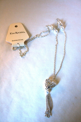 Kim Rogers silver tone faux pearl puffy heart tassel pendant necklace