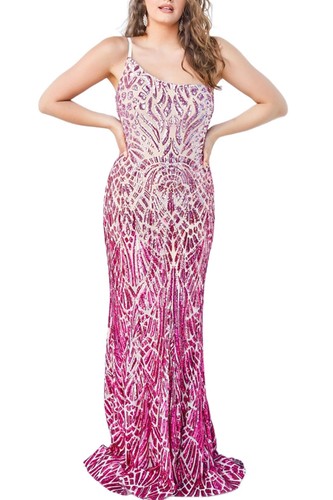 Pre-owned Jovani One Shoulder Bodycon Embellished Sequin Gown In Pink Fuchsia