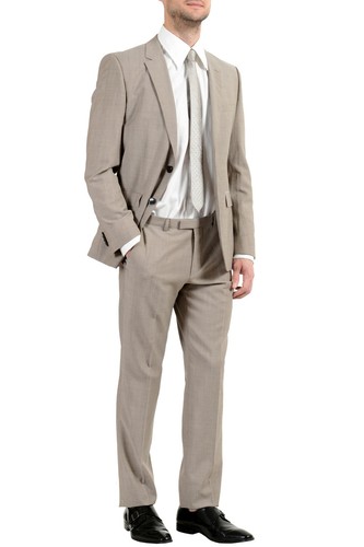 Pre-owned Hugo Boss "jeffery/simmons182" Men's 100% Wool Beige Two Button Suit