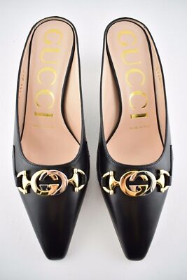 Pre-owned Gucci Zumi Black Leather Silver Gold Gg Kitten Heel Mule Slide Loafer Pump 37