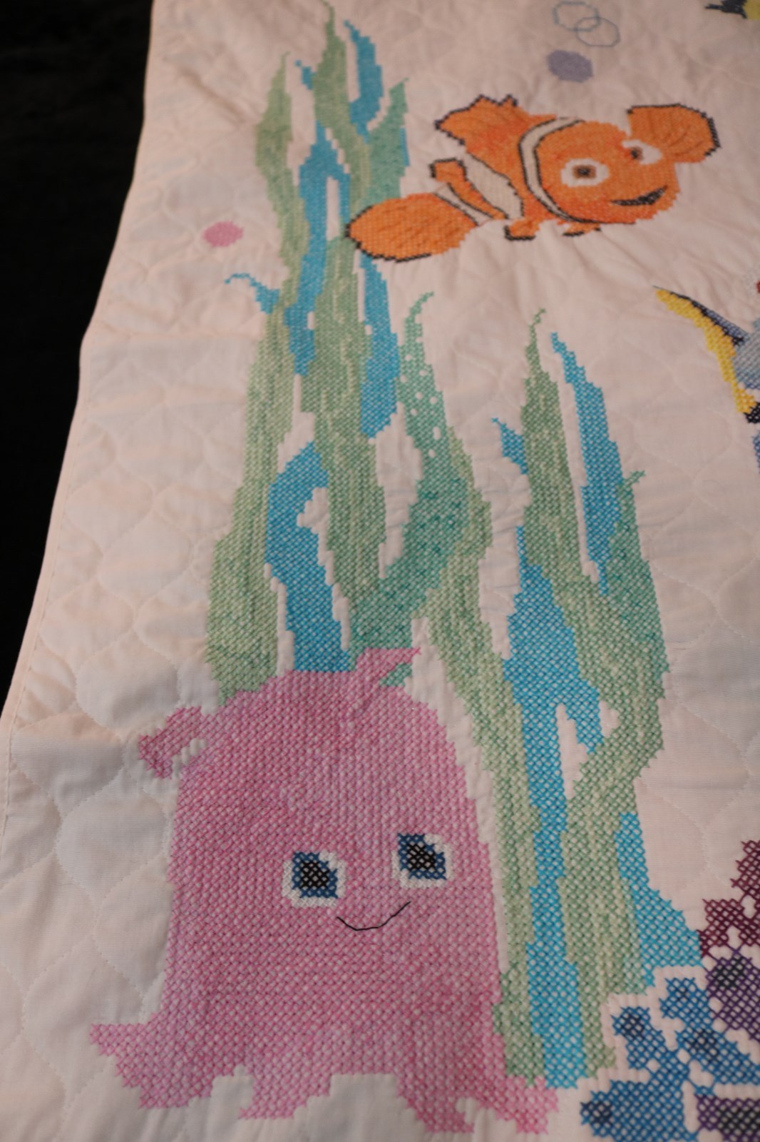 Nemo & Dory Baby Crib Quilted Coverlet Hand Stitched Cross Stitch Design NEW