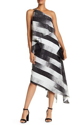 

HALSTON HERITAGE Черно-белое платье средней длины в полоску с открытыми плечами  XS, Multicolor