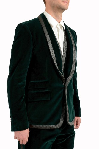 Pre-owned Dolce & Gabbana Men's Emerald Green Velour One Button Three Piece Suit