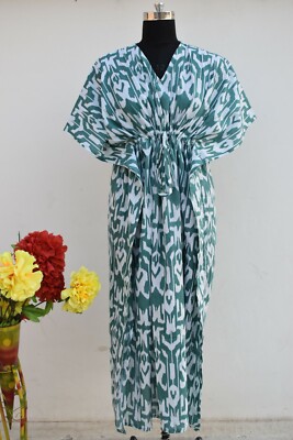 Indian Green Ikat Printed  Best Gift For Moms Sleepwear Cotton Night Maxi Caftan