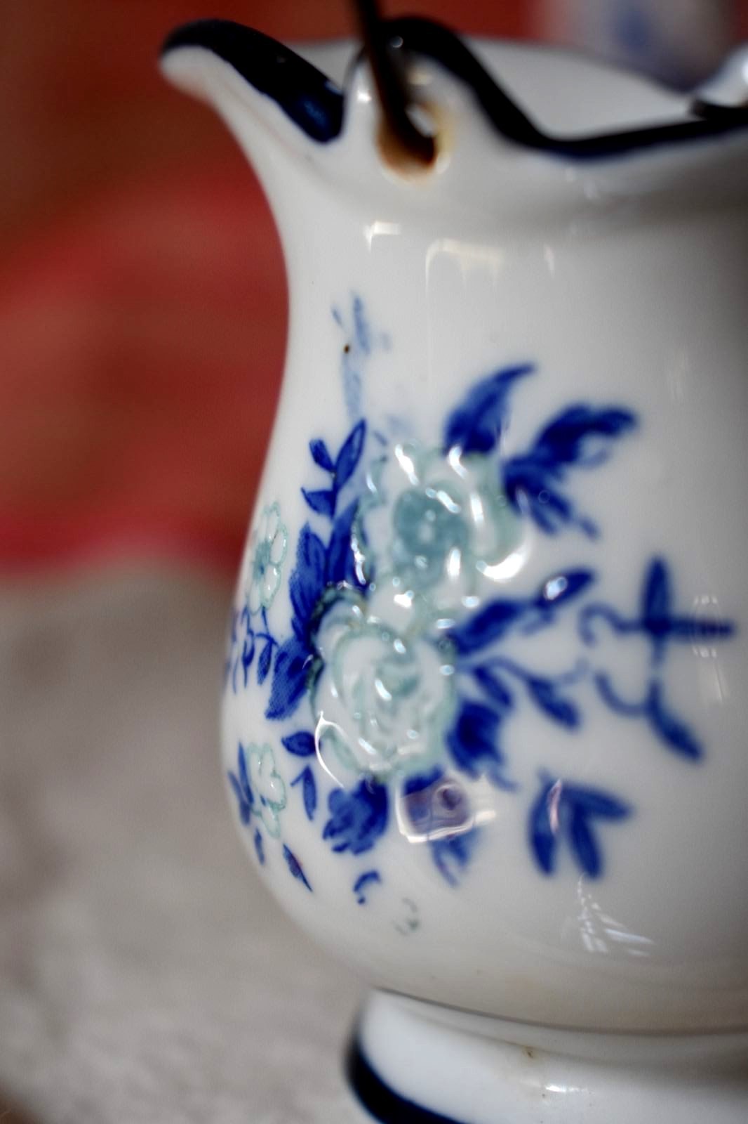 PITCHER Toothpick Holder with embossed textured Flowers Wire Handle