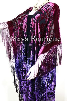 Pre-owned Maya Matazaro Violet Magenta Wearable Art Kimono Caftan Fringe Jacket Burnout Velvet Hand Dyed In Violet Magenta Ombre