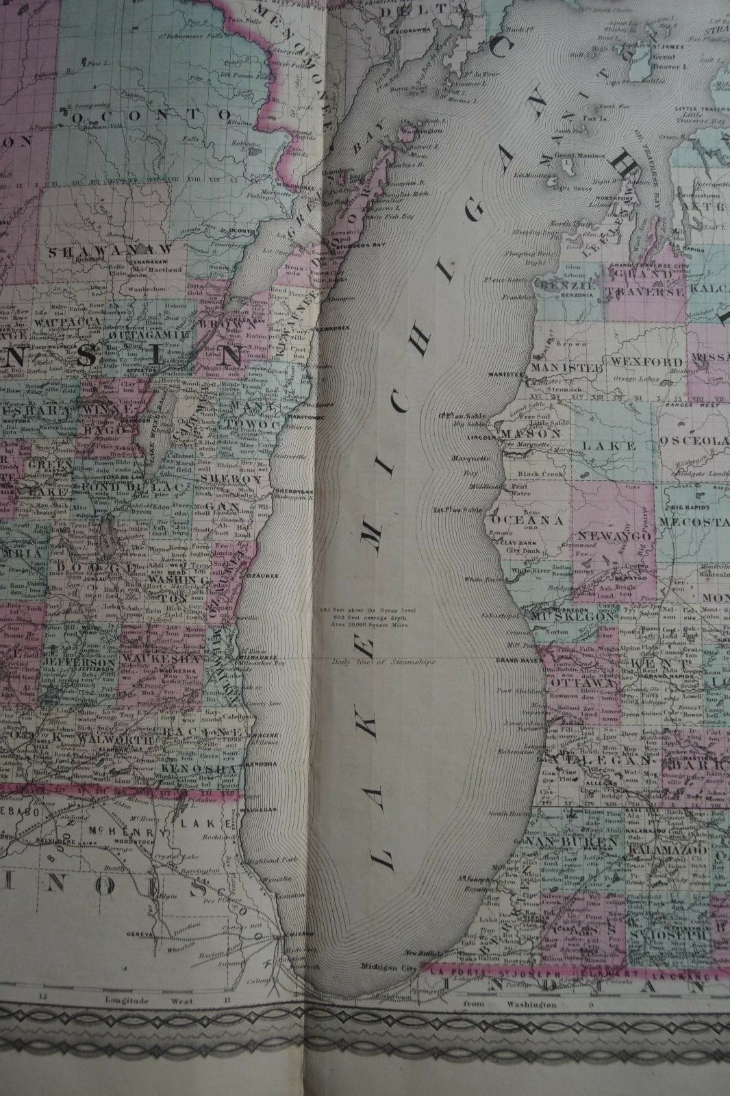 1864 WISCONSIN - MICHIGAN Atlas Map ~ Old Antique Original Map-Hand Colored