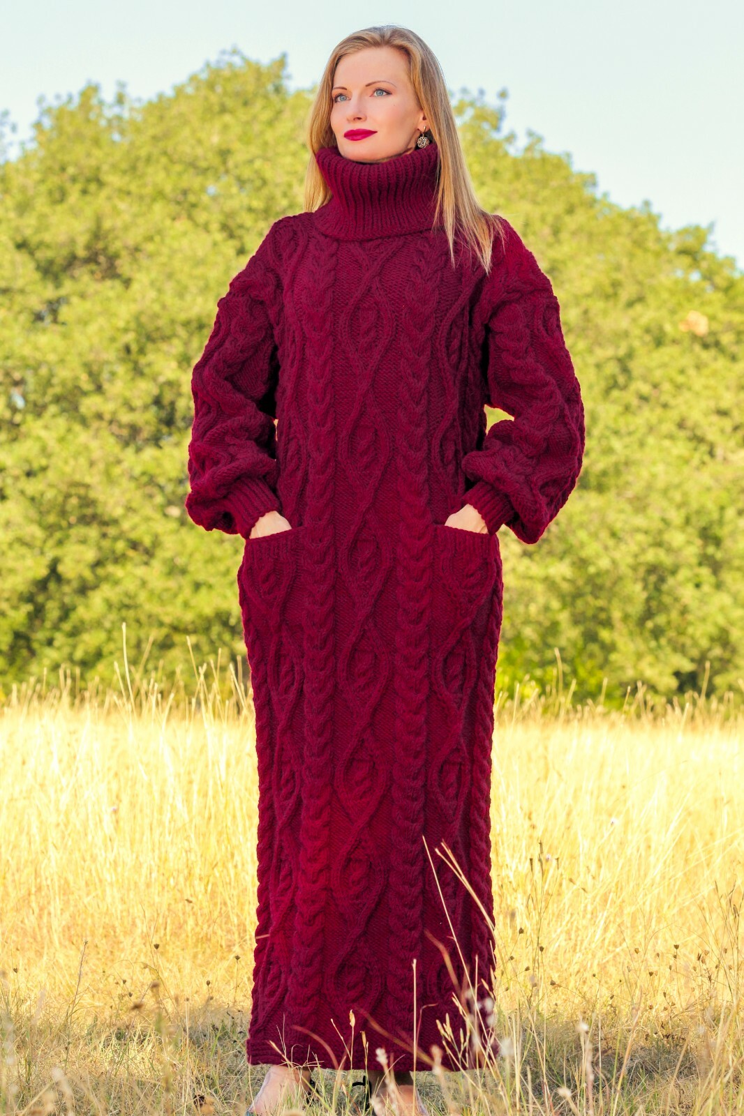 Red wool cable dress designer long sweater handknit thick winter gown  SUPERTANYA | eBay