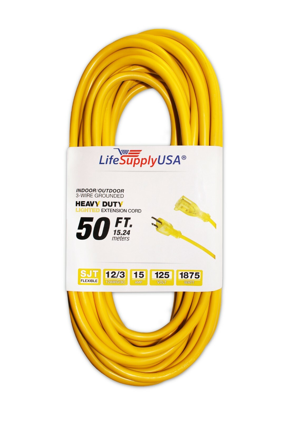 12/3 300V SJTW Lighted Extension Cord - 15 Amp - Sizes: 6 10 25 50 75 100 200 Ft