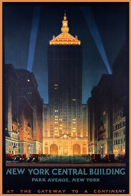 New York Central Building Manhattan Lights Travel Vintage Poster Repro FREE S/H