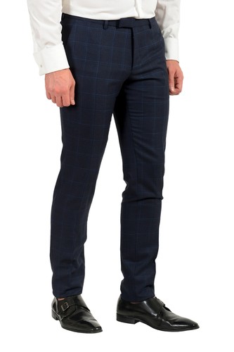 Hugo Boss Men's "T-Rouven/Wain1 WE" Blue Plaid 100% Wool Three Piece Suit