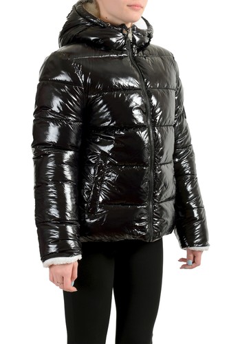 Plein Sport Women's Black Hooded Reversible Sherpa Logo Print Parka Jacket