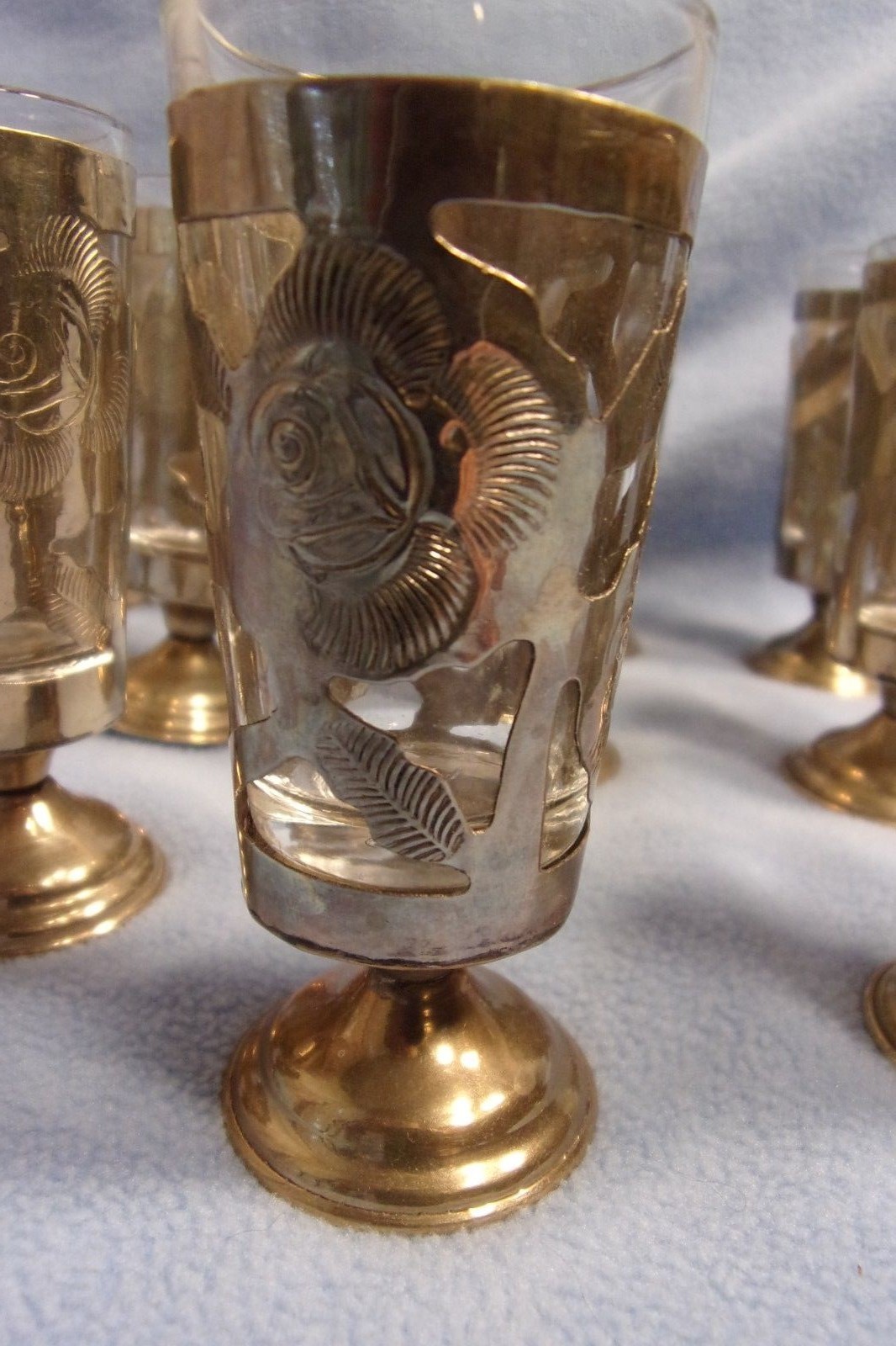 Vtg Unique Set of 12 Etched Silver Stemmed Shot Glass Sterling Floral Mexico 925