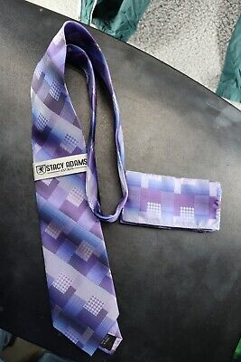Stacy Adams Silver And Purple Tie With Matching Pocket Square Color Block NEW