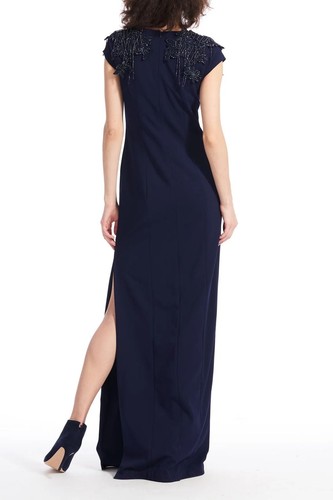 Pre-owned Emily Shalant Crew Neck Short Beaded Fringed Sleeves Back Zipper Side Open Slit In Navy