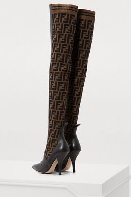 Pre-owned Fendi Rockoko Brown Ff Logo Stretch Knit Sock Thigh High Otk Heel Pump Boot 35