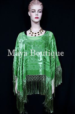 Pre-owned Maya Matazaro Green Silk Burnout Velvet Poncho Fringe Top Shawl Hand Dyed