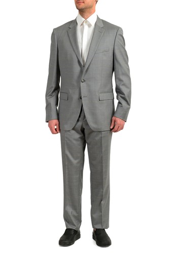 Pre-owned Hugo Boss Men's "t-harvers4/glover3" Slim Fit Plaid Silk Wool Two Button Suit In Gray/gold
