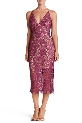 DRESS the POPULATION Mulberry Nude Pink Marie Stretch Lace V-Neck Midi S = 4/6