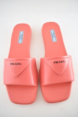 Pre-owned Prada Corallo Red Rubber Leather Triangle Logo Slide Sandal Flip Flop Flat 36.5