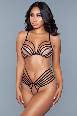 sexy BE WICKED strappy BARELY there CAGED bra HIGH waist CROCHLESS g-string SET