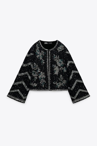 Pre-owned Zara Black Embroidered Sequin Beaded Jacket Limited Edition Sz Xl