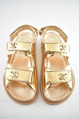 Pre-owned Chanel 22c Golden Gold Laminated Cc Logo Mule Slide Strap Flat Dad Sandal 36