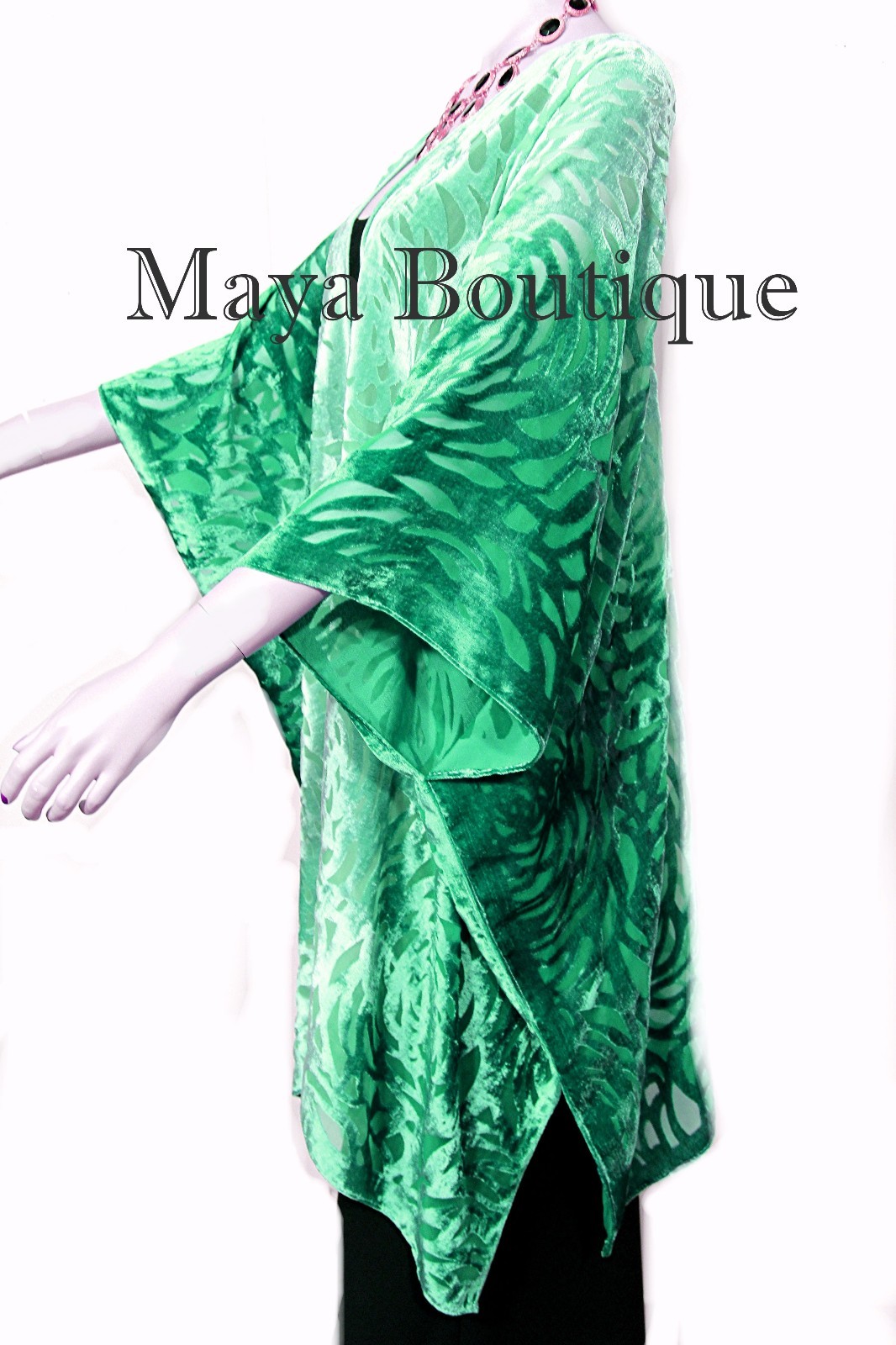 Pre-owned Maya Matazaro Emerald Green Camellia Burnout Velvet Caftan Kimono Ombre Hand Dye