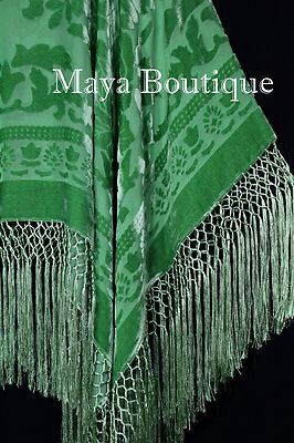 Pre-owned Maya Matazaro Green Silk Burnout Velvet Poncho Fringe Top Shawl Hand Dyed