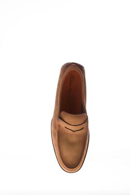 Pre-owned Santoni Men Shoes Tobacco Brown Delavè Suede Classic Penny Loafer Flexible Sole