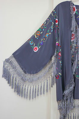 Pre-owned Maya Matazaro Embroidered Silk Fringe Jacket Flamenco Kimono Lilac Grey Short