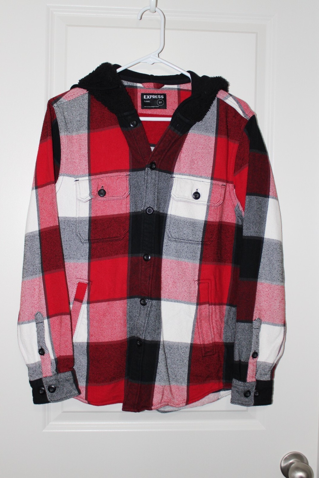 Men s Express Small Hooded Flannel Red Black White