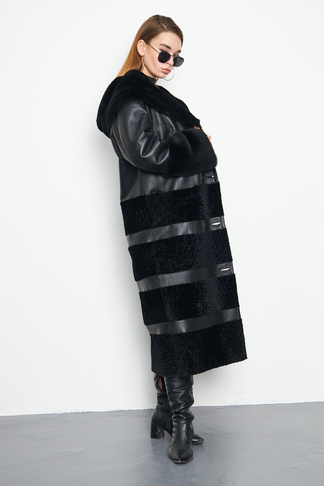 Pre-owned Handmade Astrakhan Fur Genuine Leather Coat Bdchsn01 In Black