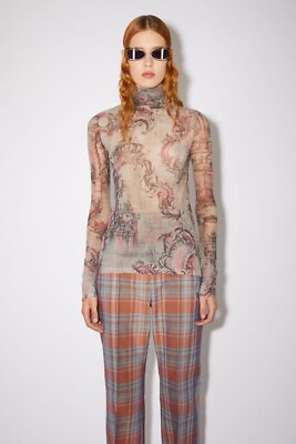 ACNE STUDIOS | DENISE GRAPHIC PRINT MESH TOP | GREY/PINK TURTLENECK | RRP £200