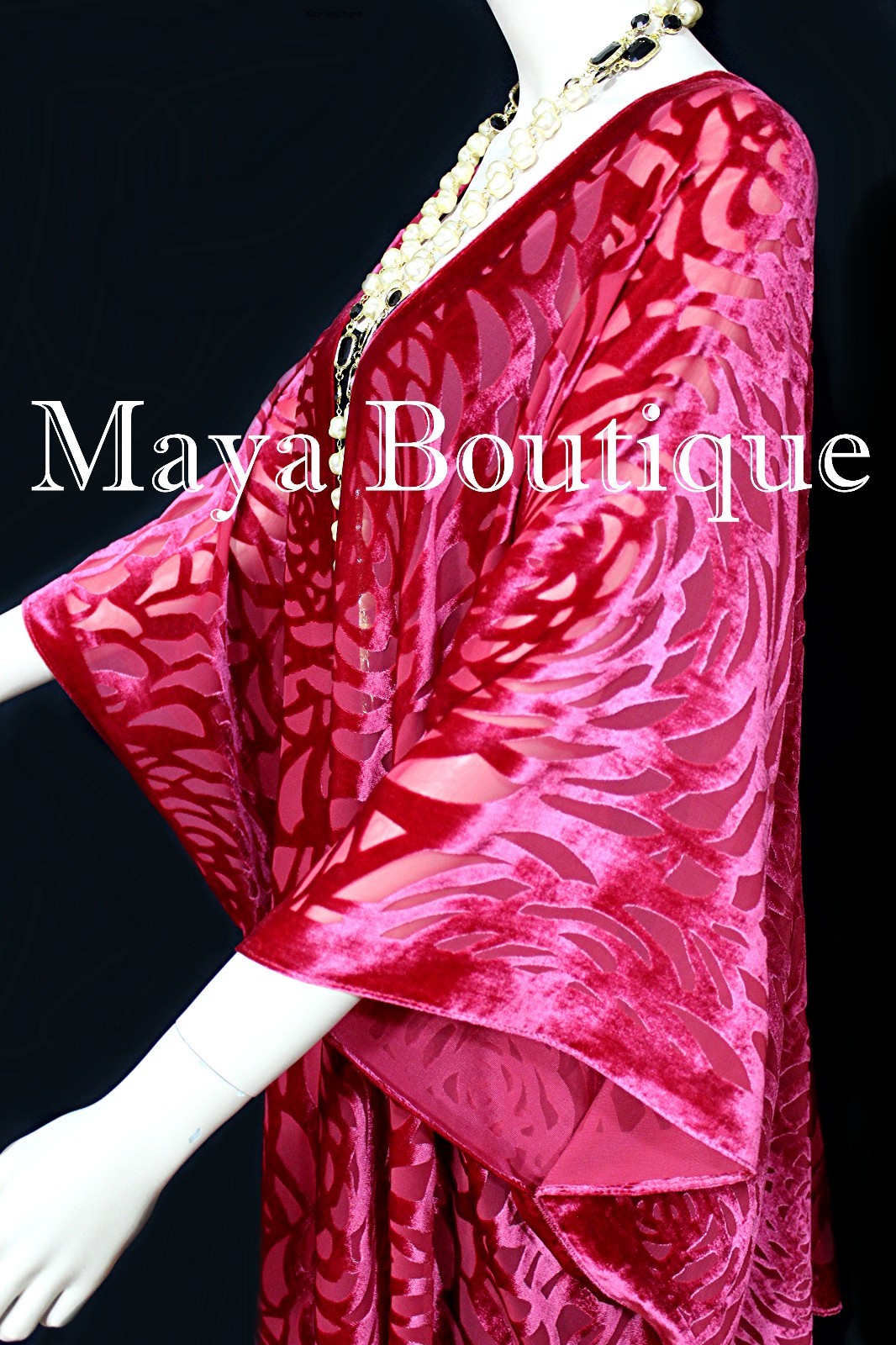 Pre-owned Maya Matazaro True Red Camellia Burnout Velvet Caftan Kimono Jacket Usa Made