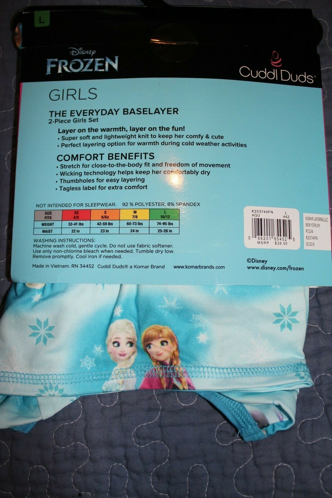 Cuddl Duds Girl's Size L 10-12 FROZEN STRETCH POLY  Underwear 2-Piece Set