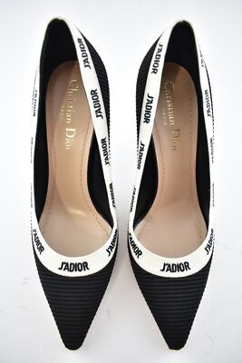 Pre-owned Dior J'a Ja Black White Ribbon Logo Embroidered Cotton Heel Pump 39