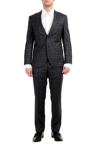 Pre-owned Hugo Boss "johnstons3/lenon1" Men's 100% Wool Gray Plaid Two Button Suit