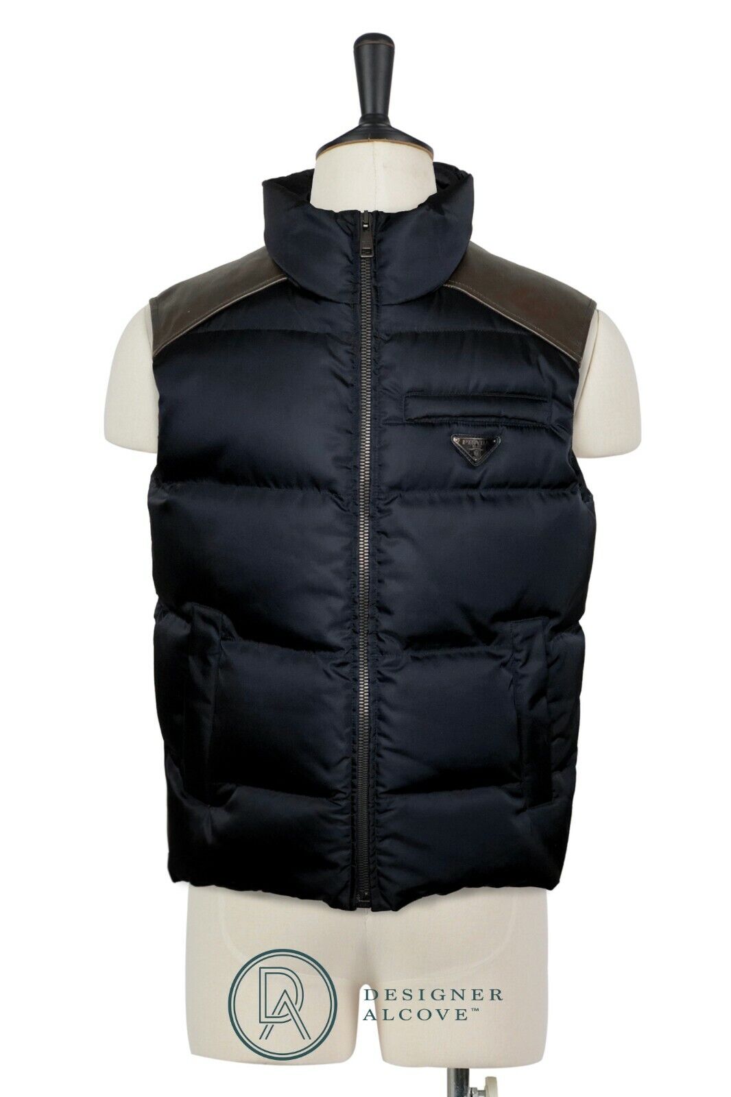PRADA Men Down Vest Blue Brown Leather Pads Triangle Logo PRADA Men Down Vest Blue Brown Leather Pads Triangle Logo