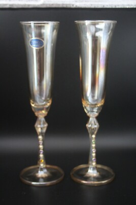2 Franco Vetrerie Cristallerie Italian Rhinestone Wedding Champagne Flutes 