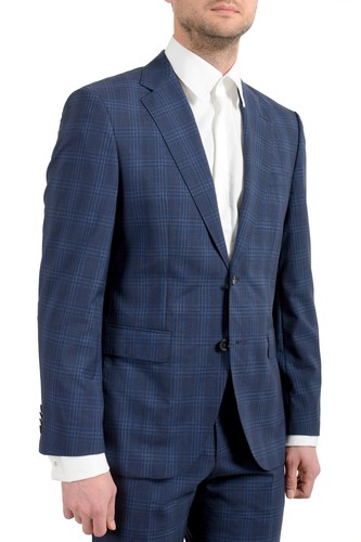 Pre-owned Hugo Boss Men's Jeckson/lenon1 Regular Fit 100% Wool Blue Plaid Two Button Suit