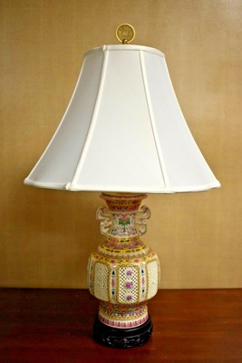 Massive Antique Brass Stacked Bubbles Table Lamp on a Square Weighted Base w a Double Arm Light Cluster /& Sculptured Linen Lamp Shade