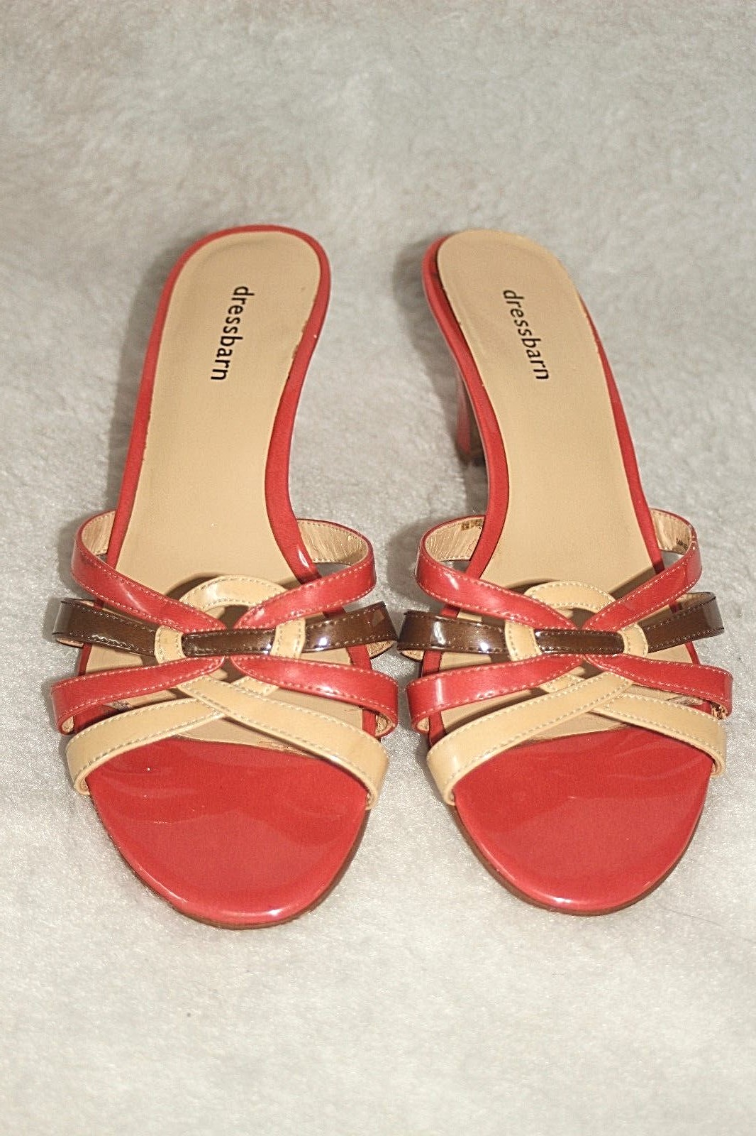 DRESSBARN Strappy Slide Sandals Coral Brown Beige Patent