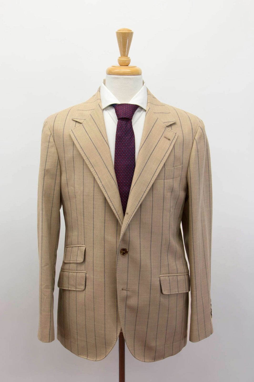 Pre-owned Brunello Cucinelli Nwt$4595  Men's Pinstripe Print Sport Coat W/logo Buttons A248 In Khaki-taupe + Blue Print