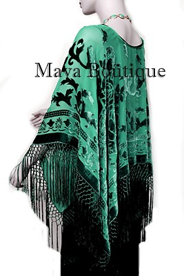 Pre-owned Maya Matazaro Emerald Green Silk Burnout Velvet Poncho Fringe Top Shawl