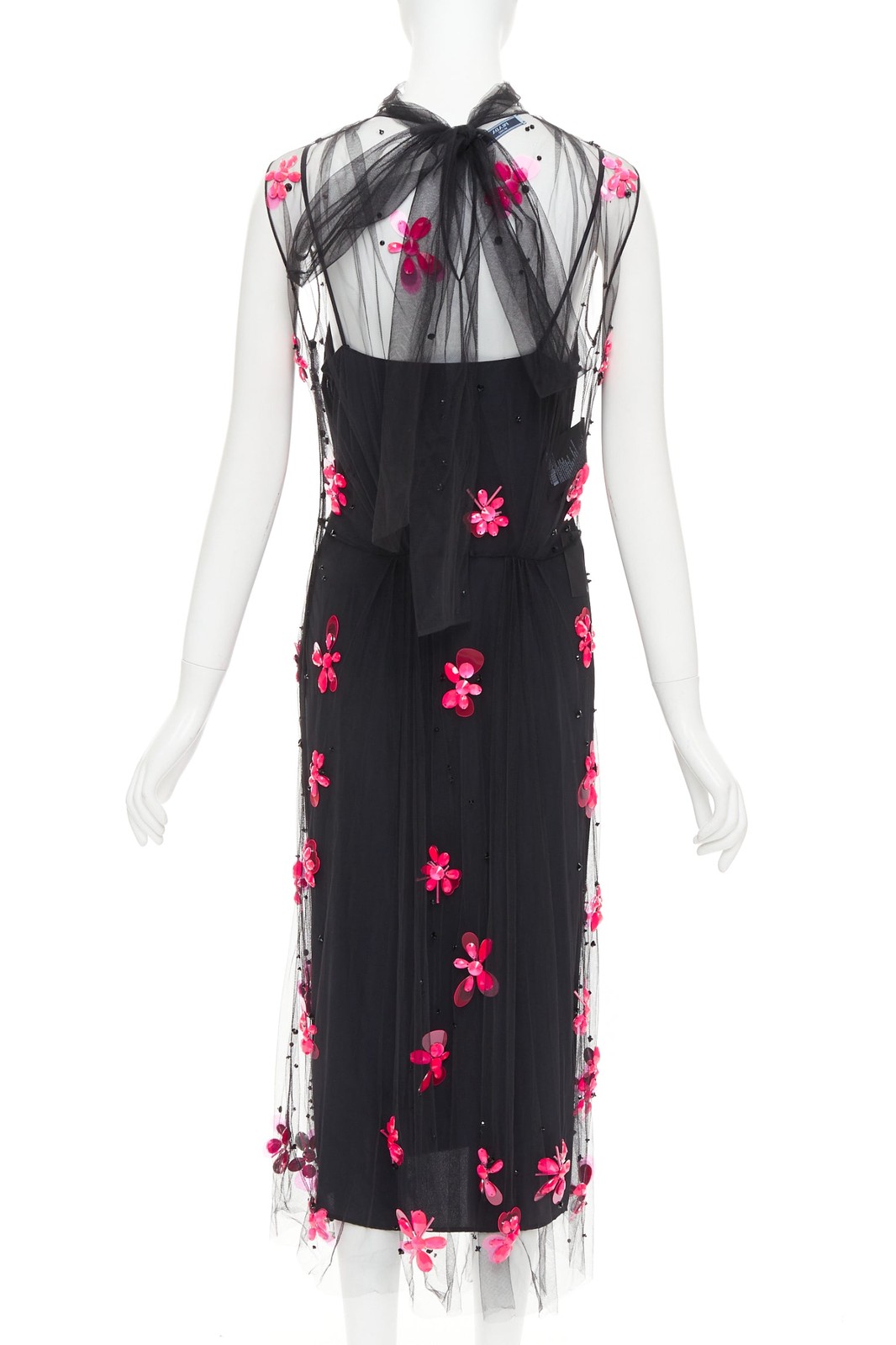 PRADA 2018 Runway neon pink floral bead black tulle sheer