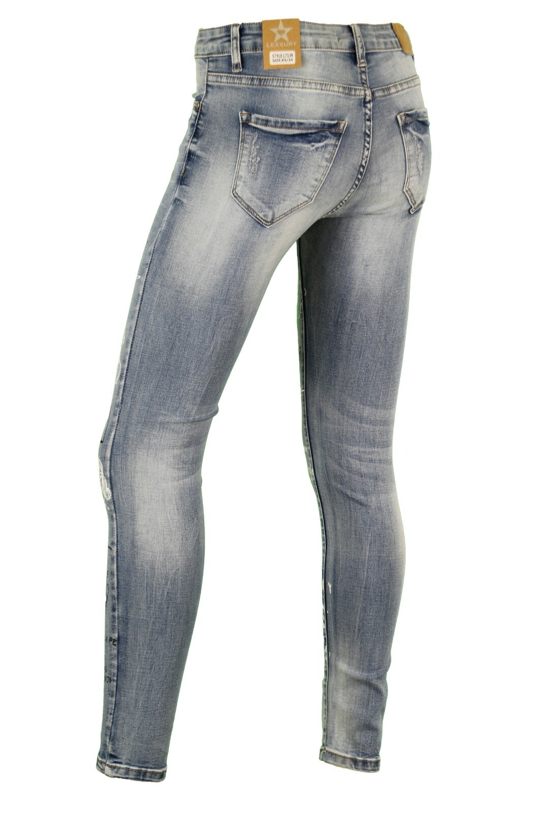 Lexxury Damen Denim Jeans Hose Blau Reißverschluss Verschiedene Motive