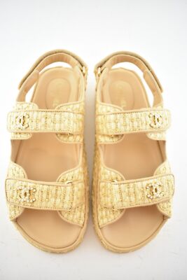 Pre-owned Chanel 21c Beige Raffia Pearl Cc Logo Mule Slide Strap Flat Teva Dad Sandal 36.5
