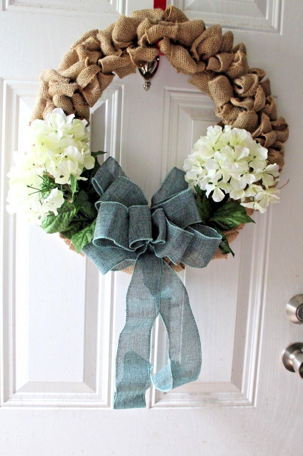 Burlap Wreath, White hydrangea Green bow Year Round Burlap 24
